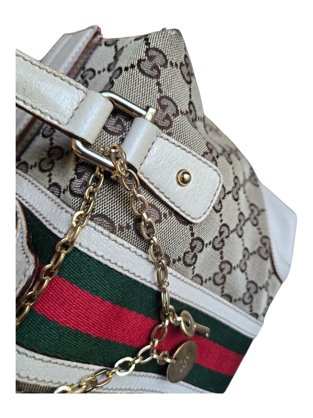 Gucci White/Beige GG Supreme Canvas Top Handle Bag with Web Stripe - Picture 3 of 11